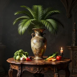 a large vase with palms on top of a antique wooden table, vegetables on table and candle, medieval old concept art, cinematic lightning and colors, vray tracing, rendered in unreal engine, dark lightning, contrast shadows, super detailed, 8 k
