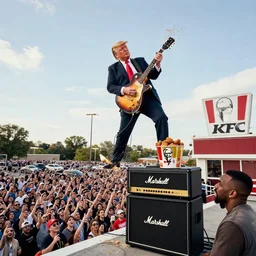donald trump shredding a guitar solo on the roof of a kfc. he plays through a marshall full - stack which has a family bucket of chicken sat on top of it. a huge crowd gathers in the parking lot below, kanye west is in the crowd. art by greg rutkowski and glenn fabry, sony a 7 iii, f 3. 5