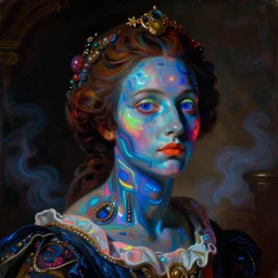 a baroque neoclassicist close - up portrait of a colorful retrofuturistic blacklight uv cyborg figure, glowing fog in the background. renaissance portrait painting. highly detailed science fiction painting by norman rockwell, frank frazetta, and syd mead. rich colors, high contrast, gloomy atmosphere, dark background. trending on artstation