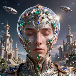 a face man, half soap bubble mind, half symetrical highly detailed ornate with jewels and precious metals futuristic, sandman kingdom, outside view from half castle kingdom of dreams, space ships, hiperrealistc, global illumination, radiant light, cosmic detailed and intricate environment, silver, bronze, rubi, emerald, sapphire, aquamarine, art by andreas achenbach