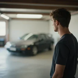 garage, indoor. len blur background bokeh. art by artgerm and filip hodas.