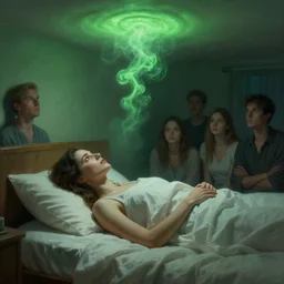 a woman laying in bed at night looking at the ceiling, green smoke!!!!! surreal concept art, lifelike, photorealistic, digital painting, aesthetic, smooth, sharp focus, artstation hd, artgerm and by greg rutkowski, bruce pennington, valentina remenar, rhads, asher duran,