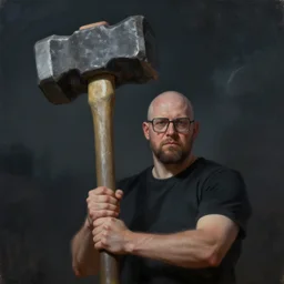 concept art, of [ bald man with square glasses and short beard ] holds a huge oversized hammer, front shot!!!, detailed, dark concept art, dark skies painting by wlop, nixeu and greg rutkowski, beautiful, semirealism, artstation, octane render, oil painting, sharpness, 8 k, golden ratio