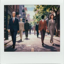 wide-shot low angle of empty!!! animated clothes (((heads))) (((faces))) (((hands))) walking down the street, polaroid photo, by Andy Warhol, by Rene Magritte