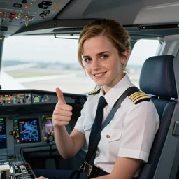 Emma Watson as a pilot in the cockpit of a Boeing 747, giving a thumbs up to the camera