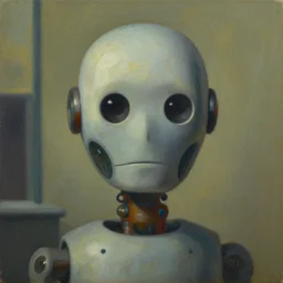 curious robot portrait, visage, dystopian, pj crook, edward hopper, oil on canvas