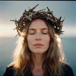 An head and shoulder front face portrait photography of a woman wearing a twig crown by Annie Leibovitz. Long hair. eyes closed. Studio portrait. Kodak Color Plus 800 film. Icelandic mood. detailed. hq. realistic. warm light. muted colors. lens flare. Glare and bloom. photoreal. Medium format photography. Golden hour. Leica M9.