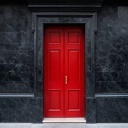 A panoramic photo of a closed red wooden door and a polished wall of black marble, majestic and misterious