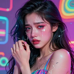 young woman, gorgeous face, vaporwave aesthetic, synthwave, colorful, psychedelic, broken beaten, sadness, crying, inner strength, holding onto, artstation, concept art, smooth, extremely sharp detail, finely tuned detail, ultra high definition, 8 k, unreal engine 5, ultra sharp focus, illustration, art by artgerm and greg rutkowski and alphonse mucha