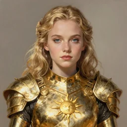 portrait of a young natalie portman knight with blond hair wearing a golden armor with a sun symbol, fantasy, highly detailed, digital painting, artstation, concept art, illustration, art by Bayard Wu and Marc Simonetti