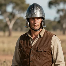 australian bushranger wearing metal helmet, award winning epic action photography in rich colors