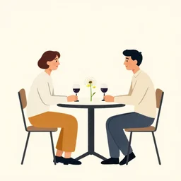 2 people seated at a small table with dandelions and wine, in Italy