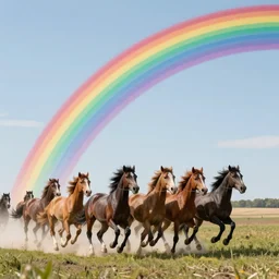 a band of horses running down a rainbow, in the style of lisa frank