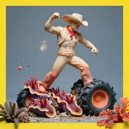 a cowboy turning into blooms. tropical sea slugs, tractor tires. complementary colors. national geographic. 8 k, rendered in octane, smooth gradients. sculpture by antonio canova. red accents. by slim aarons, by zhang kechun, by lynda benglis