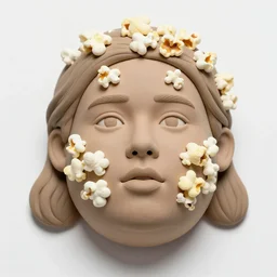 portrait face of fat woman with pop corn all over the face, made of wet clay filing drop, photography, film grain, f / 2 2, low contrast, kodachrome, 3 - dimensional, 4 k, 6 spotlight, matte