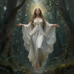 goddess descending over a forest, fantasy, magical, realistic and detailed, spiritual, intricate, elegant, highly detailed, digital painting, trending on artstation, by wlop, 4 k octane render