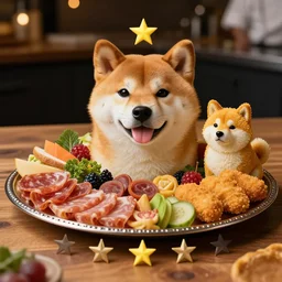 a charcuterie board made of doge body, shiba inu face, doge meme fur, cake of doge, baked shiba body, fried doge, pieces of doge in the silver plate, wooden table, five stars michellin, professional shot, gourmet dog dish, with fewer veggies. master chef, low light, bokeh, masterpiece.