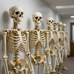 skeletons waiting in line in a hallway, rtx on, perfect face, directed gaze, canon, vfx, symmetric balance, polarizing filter, photolab, lightroom, 4 k, dolby vision, photography award
