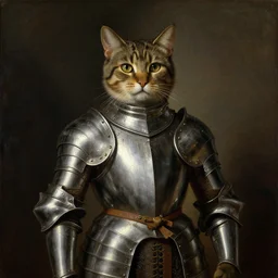 portrait painting of a cat dressed as knight with heavy metal armor  by George Stubbs, renaissance painting, oil painting, old master