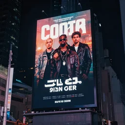 a billboard on times square at night, screen show concert poster, band name is tripmachine, on the screen is a 3 d render of a huge futuristic steampunk generator, wet street, realistic digital art, 8 k, fluorescent colors, halluzinogenic, multicolored, exaggerated detailed, unreal engine, 8 0 mm
