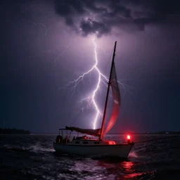 small yacht caught in a storm, red lightnings, windwhirl, night, 1995 photo
