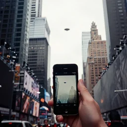 an iphone 4 photo catching a glimpse of a small ufo flying above times square in new york, gloomy, grainy