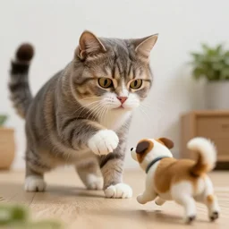 a huge monster cat trying to catch a dog that running away from it