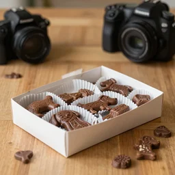 a box of chocolate dog treats on a wooden table, dslr photo