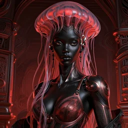 portrait of an absurdly beautiful, graceful, sophisticated, fashionable black cyberpunk mechanoid gravure idol, hyperdetailed illustration by irakli nadar, matt wisniewski style, intricate linework, dark black porcelain skin, jellyfish headdress, brown eyes, unreal engine 5 highly rendered, global illumination, red bronze light, detailed and intricate environment