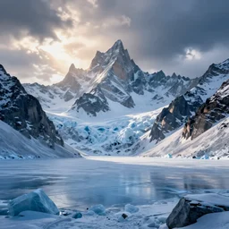 beautiful render of an icy mountain landscape, unreal engine, first light, majestic mountains, frozen lake, dramatic clouds, soft light, by greg rutkowski, cgsociety