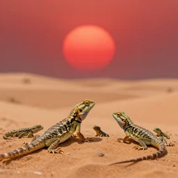 lizards in a desert with a red sun in the sky. len blur background bokeh. art by ismail inceoglu, filip hodas, and pixar.