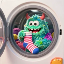 silly monster eating socks, inside a dryer, by rudolf hausner and jim henson, thomas kinkade, 3 d model, octane render, daytime made in blender, trending on artstation, trending on nightcafe, unreal engine, behance, wallpaper 4 k, realism, bright loud colors