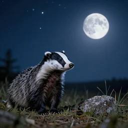 a badger watching a starry sky and moonrise, realistic, 4k,