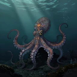 low ultrawide shot, dark, underwater under sea submerged pre giant kraken octopus, abyss, stylized, anime style mixed with fujifilm, detailed gouache paintings, crepuscular rays, dark, murky, foggy, atmospheric, nicola samori, albert bierstadt, frederic edwin church, beksinski, wayne barlowe's inferno
