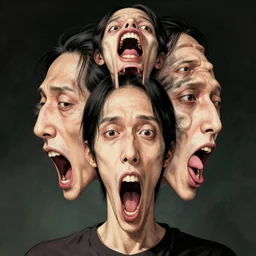 portrait photo of a human with an absurdly long face and multiple sets of mouths stacked on top of each other, illustrated by junji ito