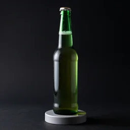 empty green beer bottle sitting on a grey cylindrical stand, black background, studio lighting