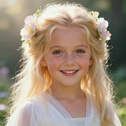 macro closeup headshot of a beautiful happy 2 0 years old britney spears ethereal magical fairy princess wearing a white robe and flowers in her hair in a fantasy garden, d & d, fantasy, intricate, rim light, god rays, volumetric lighting, elegant, highly detailed, digital painting, artstation, concept art, smooth, sharp focus, illustration, art by greg rutkowski, maxfield parrish and alphonse mucha, sunrise, new art nouveau, soft ambient lighting, particle effects