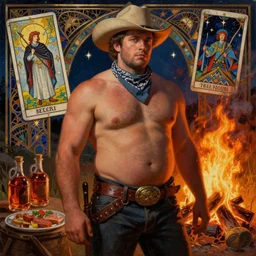 a dramatic, epic, ethereal painting of a handsome thicc shirtless cowboy with a beer belly | he is wearing a large belt and bandana | background is a late night campfire with food and jugs of whisky | homoerotic | fire, flames, stars, tarot card, art deco, art nouveau, mosaic, intricate | by Mark Maggiori | trending on artstation