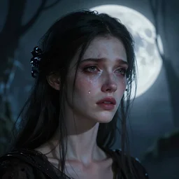 close - up face portrait of a beautiful skinny woman crying as witch in front of the full big moon in a fantasy forest, by james gurney, greg rutkowski, highly detailed digital art, artstation