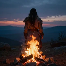 shaman behind bonfire + twilight + hyper realistic + cinematic + art + 4 k + great view + high quality