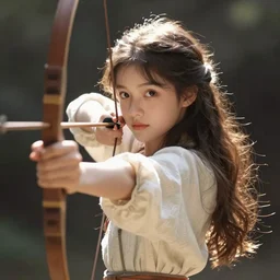 fantasy illustration of a very young girl aiming a bow at the viewer
