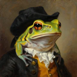 a head and shoulders portrait painting of an anthropomorphic!!!!!!!!!! amazon milk frog!!!!!!!!!! wearing a colonial outfit without a hat looking off camera, a character portrait, romanticism, oil on canvas, dense brush strokes