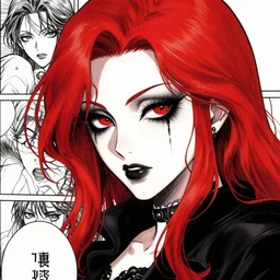 9 0 s seinen manga art of goth woman with red hair, black makeup, and red eyes.