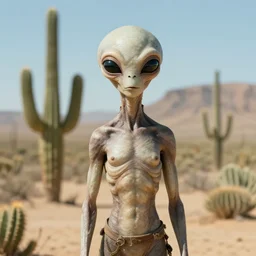 Portrait of an alien in a desert with cactuses, realistic photo, Sigma 200mm