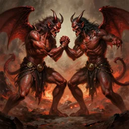 Fight between two demons in hell, highly detailed, digital painting, artstation, concept art, smooth, sharp focus, illustration, art by artgerm and greg rutkowski and alphonse mucha