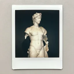 Polaroid photo of fragmented greek sculpture of Luffy