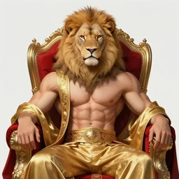award winning beautiful portrait commission art of a shirtless muscular albino male furry anthro lion sitting smugly on a royal throne wearing a masculine golden robe with red pants, royal and formal Atmosphere. Character design by charlie bowater, ross tran, Greg Rutkowski,Thomas Kinkade and makoto shinkai, detailed, inked, western comic book art