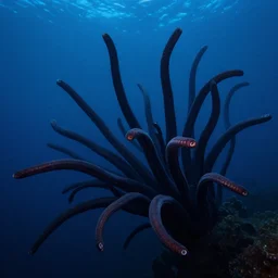“a swarm of dark tentacles underwater, beautiful digital art, underwater photography, deep ocean abyss, dark blue water background”