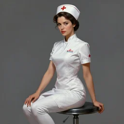 portrait of a nurse on a stool, expressive pose, futuristic, highly detailed, digital painting, artstation, concept art, smooth, sharp focus, by Alberto Vargas