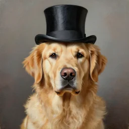 portrait of a golden retriever wearing a top hat, oil painting